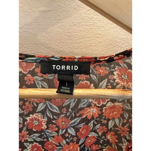 Torrid Floral Chiffon V Neck Tie Waist Long Sleeve Dress Black Orange Size 1 - Picture 3 of 6